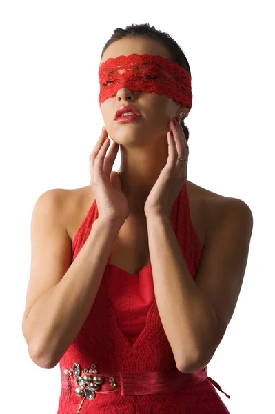 Morena Bonito Sexy Camisa Vermelha Uma Máscara Renda Vermelha Olhando — Fotografia de Stock