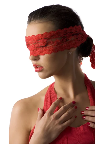 Close Young Cute Brunette Red Lace Mask Looking — 스톡 사진