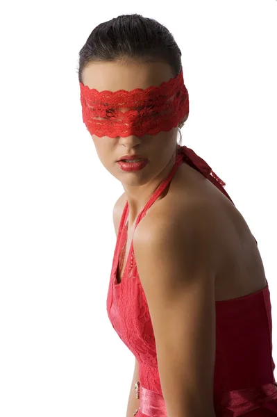 Morena Bonito Sexy Camisa Vermelha Uma Máscara Renda Vermelha Olhando — Fotografia de Stock