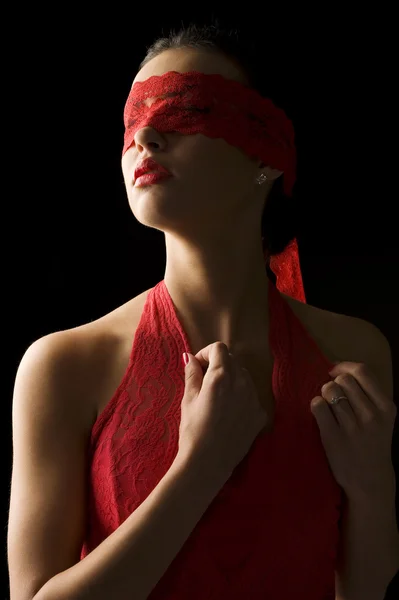 Sensual Portrait Young Brunette Black Background Red Mask Lace — Stock Fotó