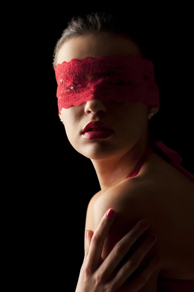 Sensual Portrait Young Brunette Black Background Red Mask Lace — Stock Fotó