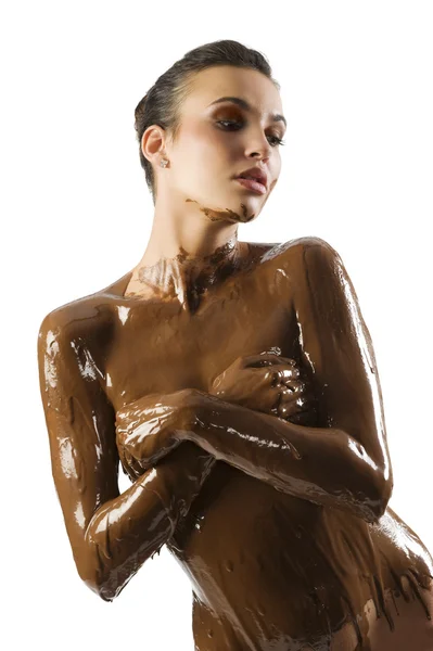Удивительный Снимок Молодой Красивой Брюнетки Обнаженным Телом Покрытым Сладким Шоколадом — стоковое фото