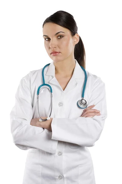 Sorridente Medico Donna Con Stetoscopio Isolato Sfondo Bianco — Foto Stock