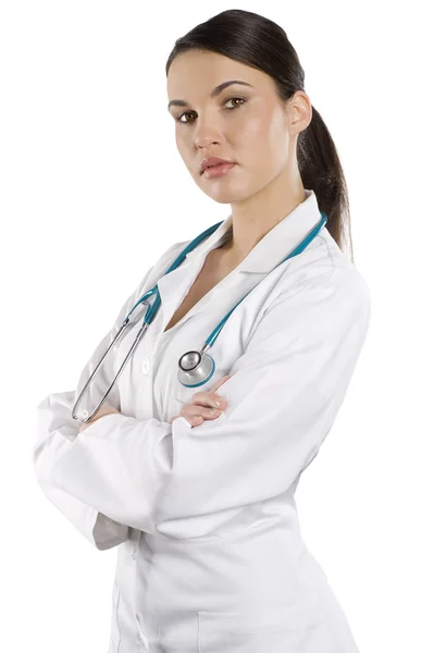 Sorridente Medico Donna Con Stetoscopio Isolato Sfondo Bianco — Foto Stock
