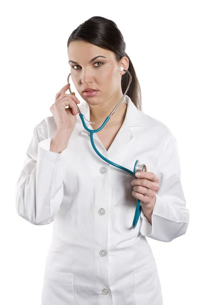 Young Woman Brunette White Medica Gown Stethoscope Isolated White Background — Stock Fotó
