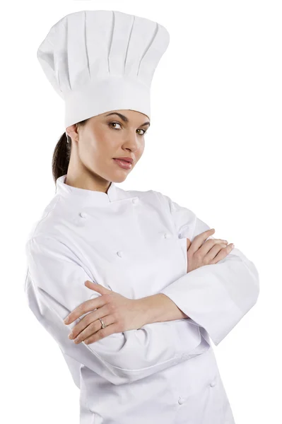 Zarif Kadın Kılığında Bir Aşçı Şapkası Ile Beyaz Artalan — Stok fotoğraf