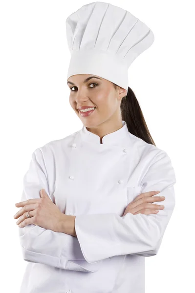 Giovane Donna Aggraziata Vestita Cuoca Con Cappuccio Sfondo Bianco — Foto Stock