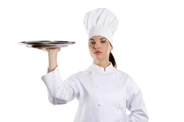Jovem Graciosa Mulher Vestida Como Cozinheiro Com Tampa Sobre Backgound — Fotografia de Stock