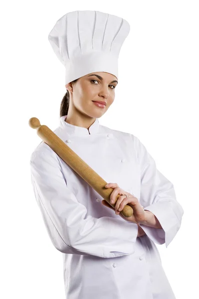 Jeune Femme Gracieuse Habillée Comme Une Cuisinière Avec Chapeau Sur — Photo