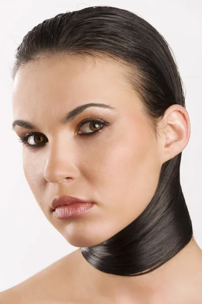 Portrait Young Brunette Her Long Black Hair Her Neck — Stok fotoğraf