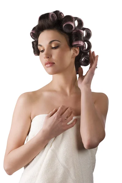 Kobieta z wałki do włosów — Zdjęcie stockowe
