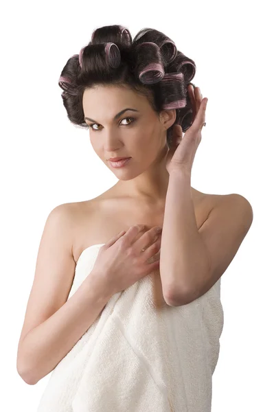 Mulher com rolos de cabelo — Fotografia de Stock
