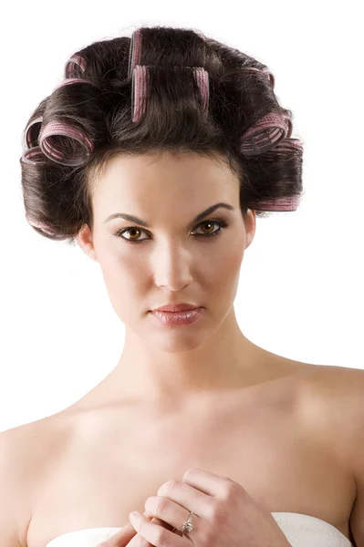 Ritratto con rulli per capelli — Foto Stock