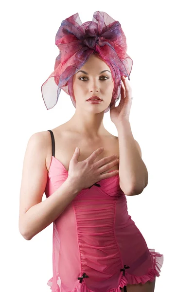 Mooie Vrouw Roze Lingerie Met Een Gekleurde Hoofddoek Ziet Eruit — Stockfoto