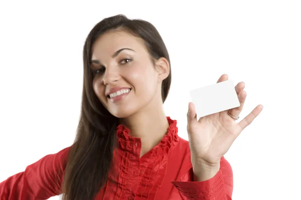 Дуже Мила Щаслива Жінка Червоній Сорочці Візитною Карткою Над Білим — стокове фото