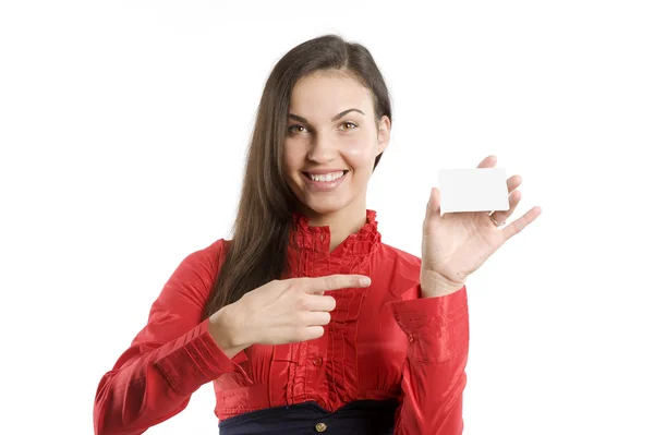 Дуже Мила Щаслива Жінка Червоній Сорочці Візитною Карткою Над Білим — стокове фото