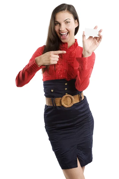 ビジネス カード白と赤いシャツで非常にかわいい幸せな女 — ストック写真