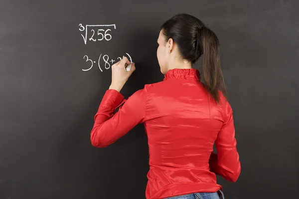 Pretty Young College Student Writing Chalkboard Blackboard Math Class — стоковое фото