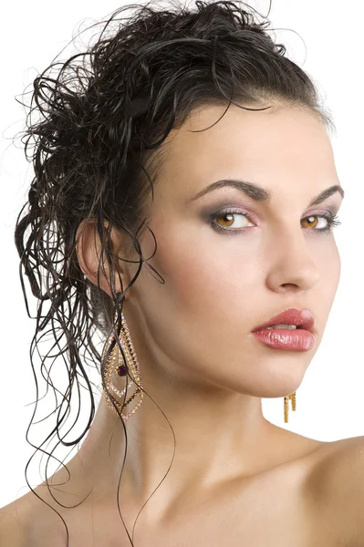 Mladá Krásná Bruneta Žena Vlasy Styl Pěkné Šperky — Stock fotografie