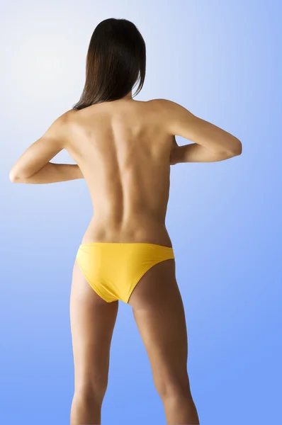 Bonito Morena Swimwear Mostrando Ela Muscular Volta Lado Corpo — Fotografia de Stock
