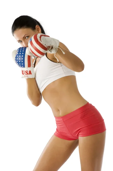米国ボクシング グローブと魅力的な女性 — ストック写真