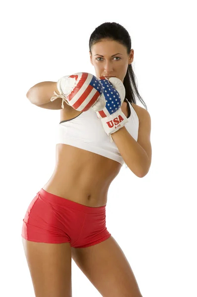 Bela Mulher Com Eua Bandeira Luvas Boxe Ato Para Lutar — Fotografia de Stock