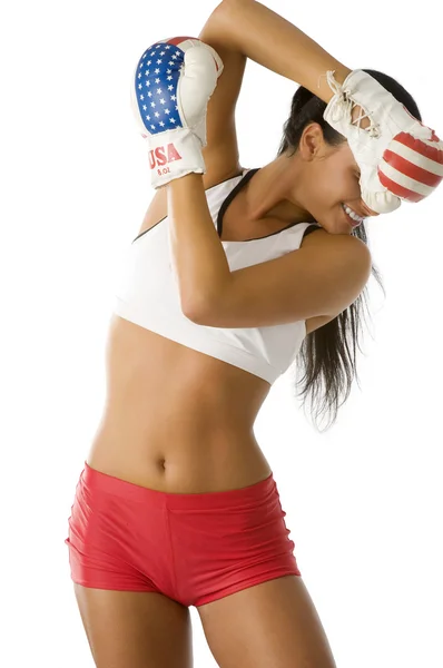 Linda Morena Vestido Boxeo Protegiéndose Pummel — Foto de Stock