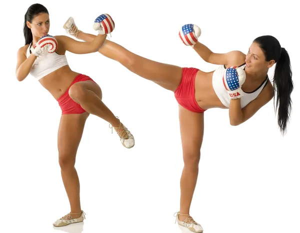 Bonita Gêmeos Menina Com Luvas Boxe Shorts Vermelhos Lutando — Fotografia de Stock