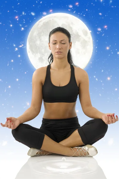 Cute Brunette Isolated White Classic Yoga Meditation Pose — Stock Photo, Image