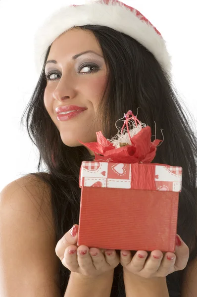 Κοντινό Πλάνο Χαριτωμένο Brunette Δώρο Κουτί Και Χριστούγεννα Καπέλο — Φωτογραφία Αρχείου