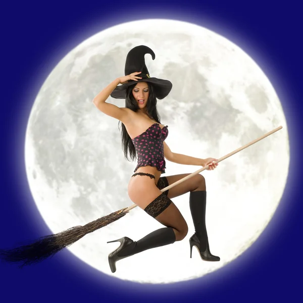 Cute Sexy Witch Lingerie Flying Broom Big Moon — Stock Photo, Image