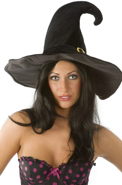 Beautiful Sensual Brunette Blue Eyes Hat Witch — Stock Photo, Image