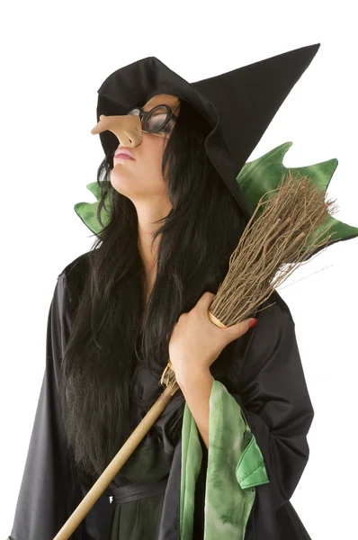 老丑女巫与大鼻子和眼镜武装一把扫帚的配置文件 — 图库照片