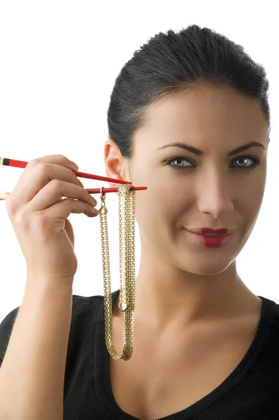 Portrait Cute Woman Gold Necklace Red Chopstick — Stock Photo, Image