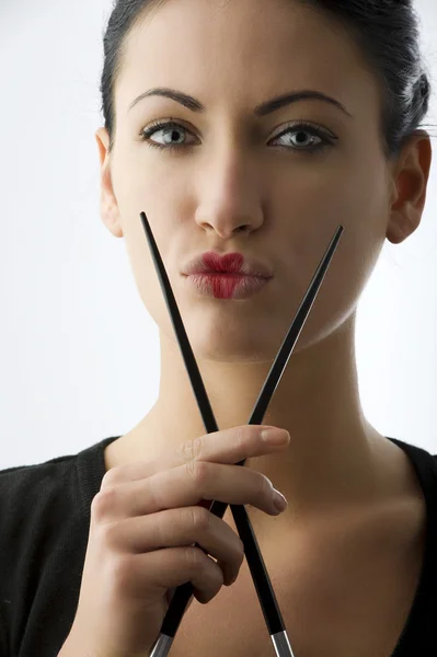 Vrouw Met Klassieke Japanse Make Haar Lippen Zwart Chopstick — Stockfoto