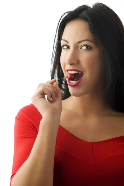 Attractive Young Woman Act Eat Red Cherry — Stock Photo, Image