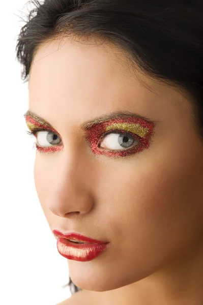 Primer Plano Una Hermosa Mujer Con Maquillaje Artístico Cara Mirando —  Fotos de Stock