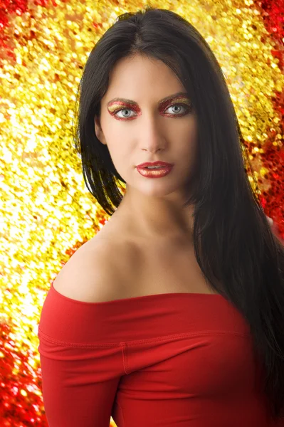 Portrait Beautiful Woman Artistic Make Her Face Red Top — Stock Photo, Image