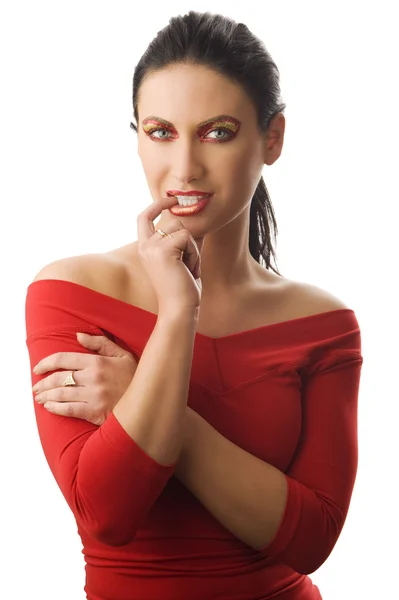 Portrait Une Belle Femme Maquillage Artistique Rouge Doré Habillant Haut — Photo