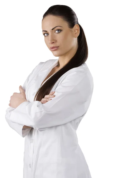 Very Cute Brunette Woman Stunning Eyes White Gown Medical Doctor — Stock Photo, Image