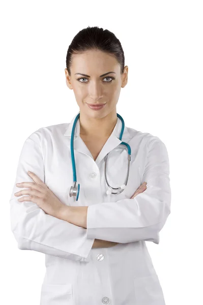 Atemberaubende Brünette Weißen Kleid Als Ärztin Mit Stethoskop — Stockfoto