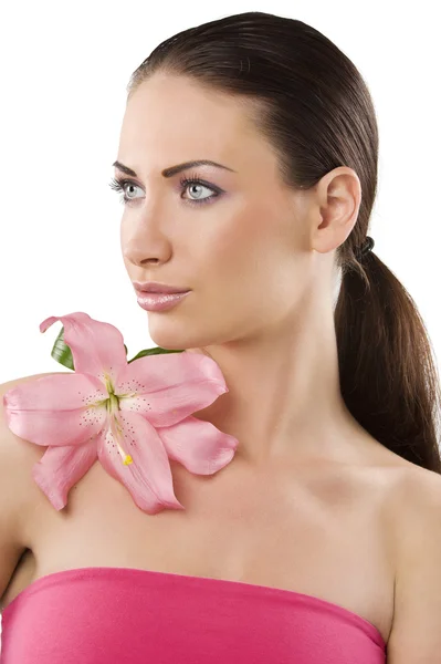 Graceful Brunette Pink Lily Looking One Side Her Stunning Eyes — Stock Photo, Image
