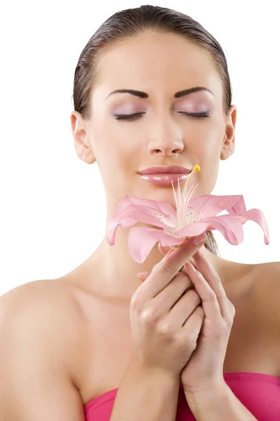 Beauty smelling pink lily — Stock Photo, Image