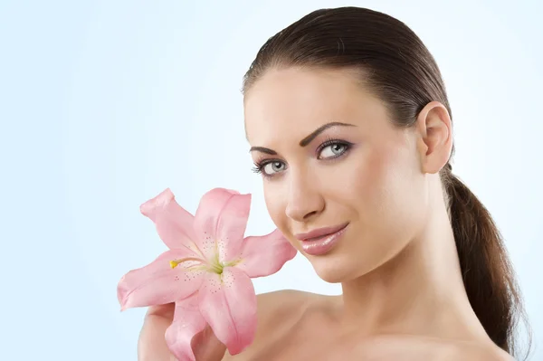 Wellness Portrait Young Woman Pink Lily Looking Camera Smile — 스톡 사진