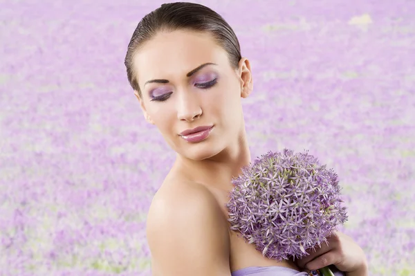 Young Beautiful Brunette Woman Beauty Portrait Some Purple Flower Face — Stock Fotó