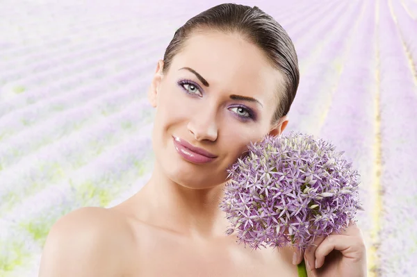 Young Beautiful Brunette Woman Beauty Portrait Some Purple Flower Face — Stock Photo, Image