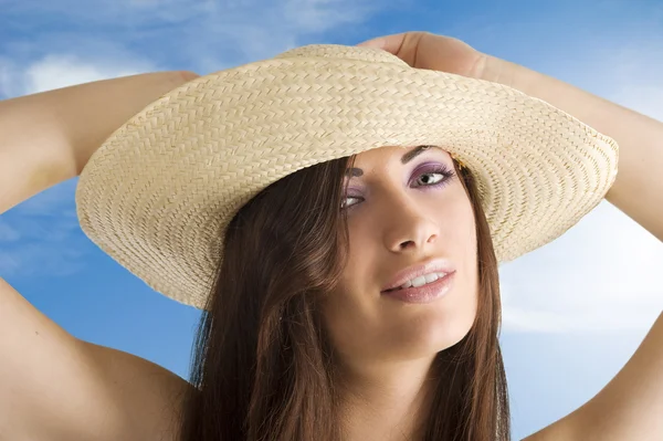 Closeup Portrait Pretty Brunette Woman Wearing Nice Summer Hat Long — 스톡 사진