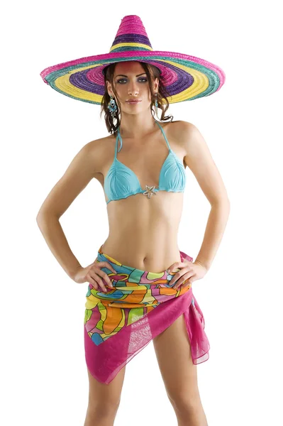Yaz Bikini Renkli Atkı Büyük Renkli Şapka Gibi Bir Sombrero — Stok fotoğraf