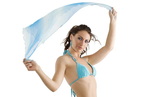 Young Stunning Brunette Wearing Sky Blue Swimsuit Scarf Playing Wind — Stock Photo, Image