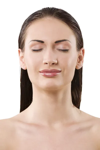 Portrét Krása Krásná Bruneta Mokrými Vlasy Zavřenýma Očima — Stock fotografie